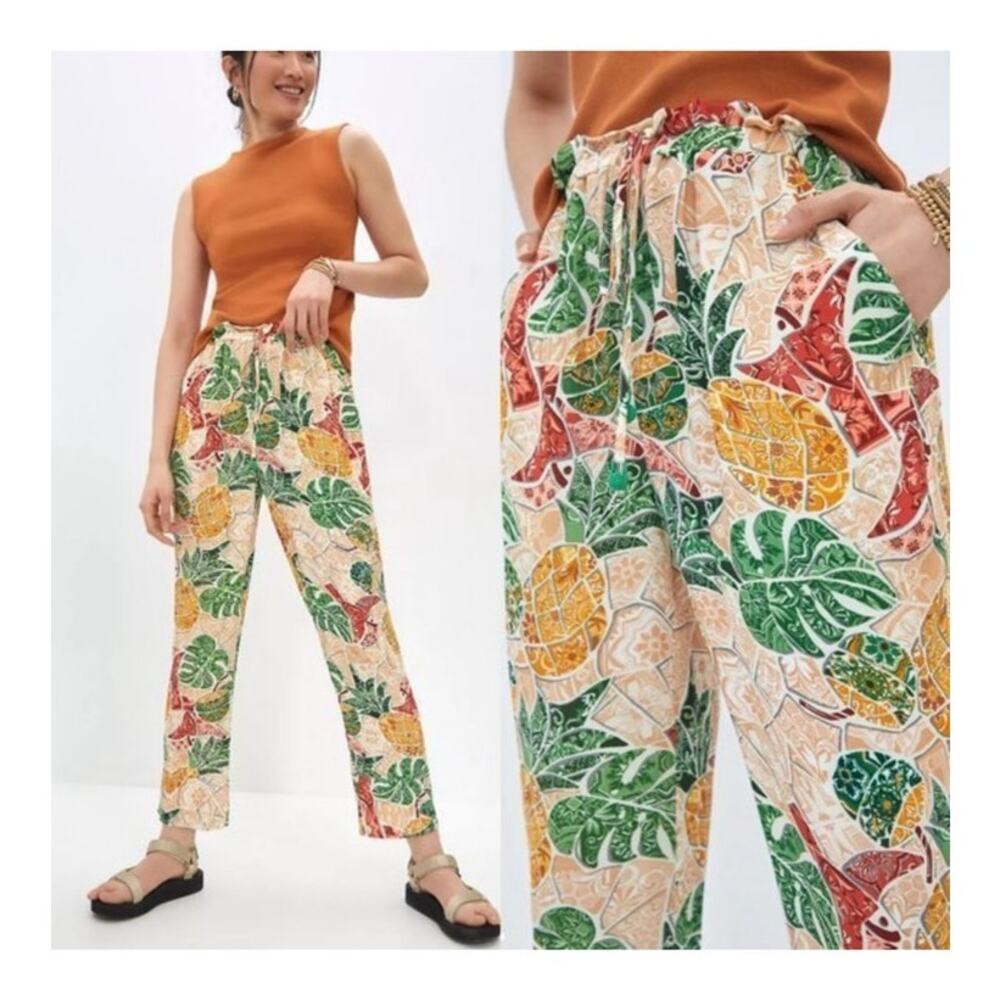 Farm Rio Anthropologie Mosaic Tapered Pants Pull On Tropical Green Cropped XS